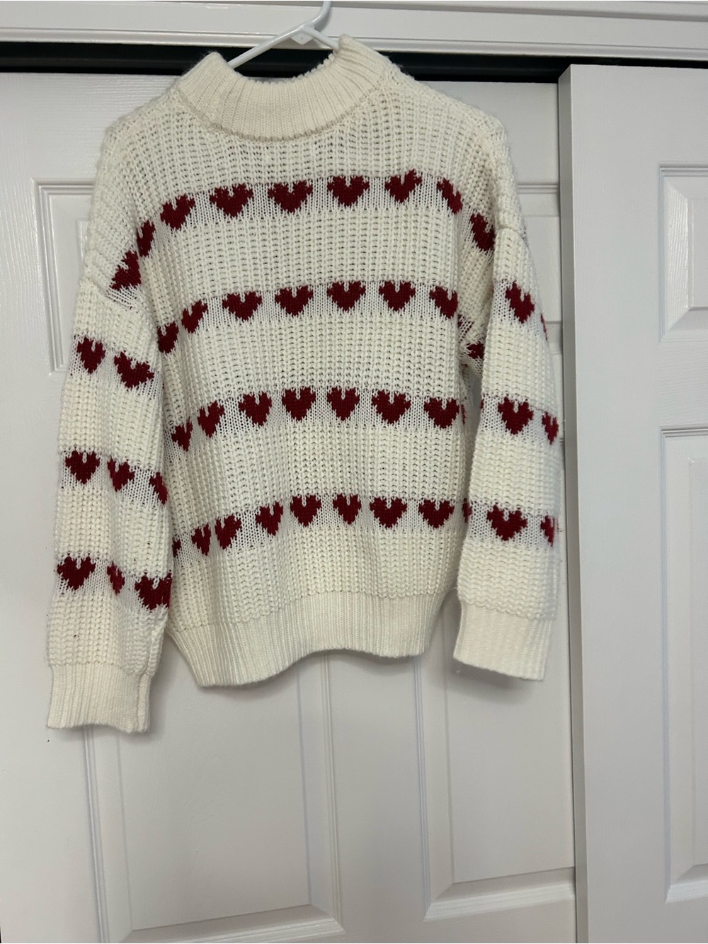 Francesca’s Cream Knit Sweater with Red Heart Pattern - Women
